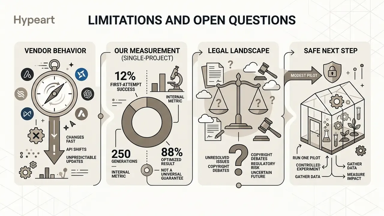 Four-step infographic outlining vendor volatility, internal metrics, legal uncertainty, and pilot testing