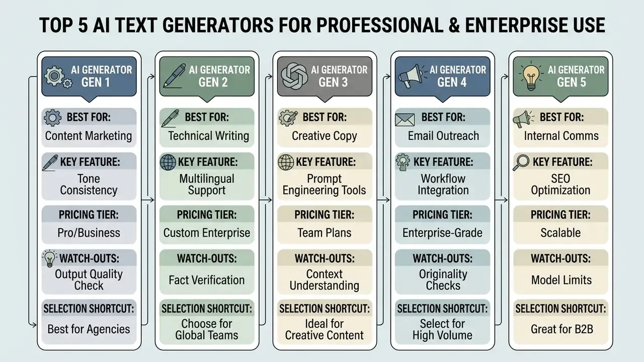 Table comparing five software options across categories like best use, key features, pricing, and limitations