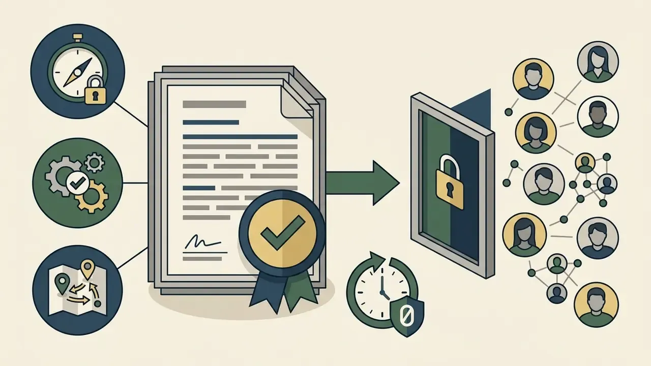Document with a checkmark seal connected to security icons and a network of people behind a locked door