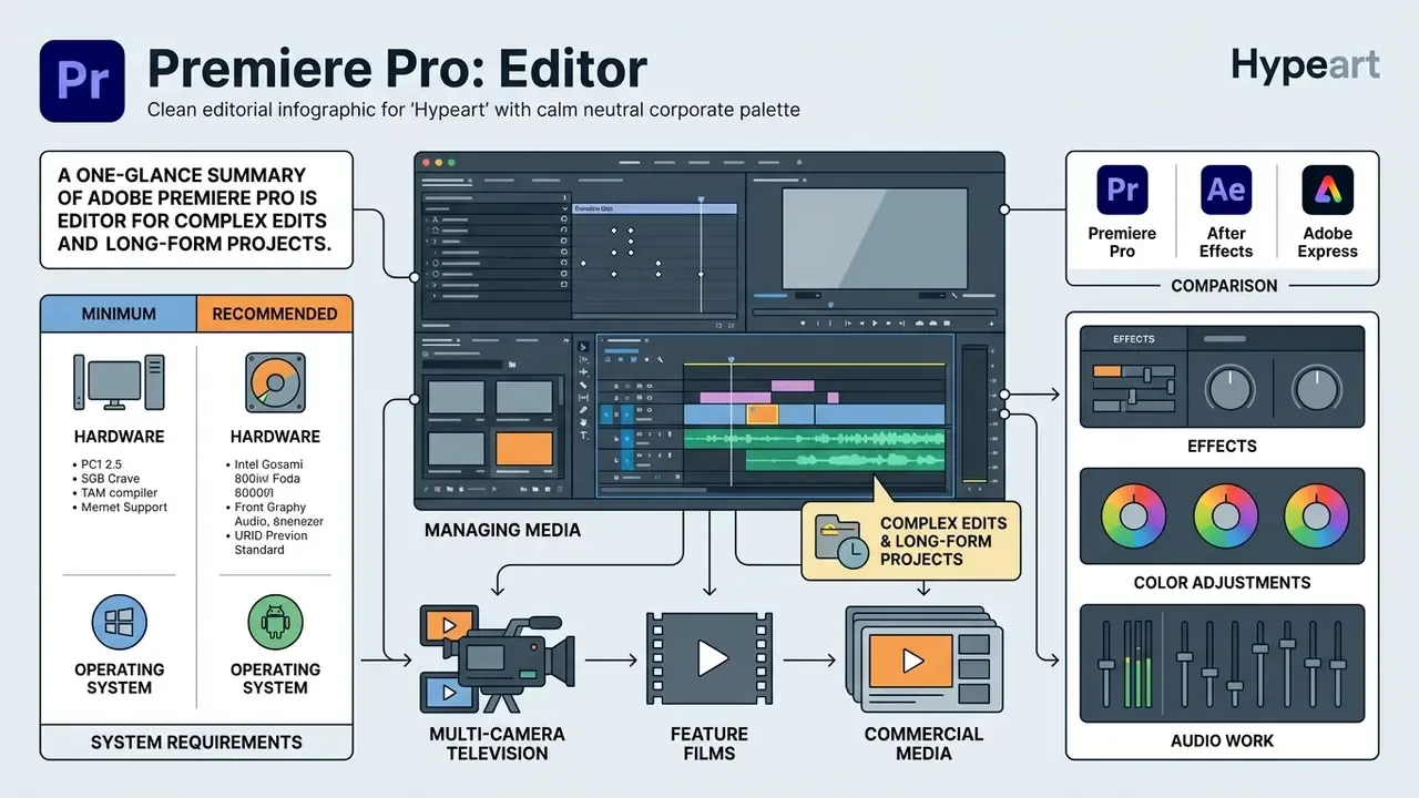 Infographic detailing system requirements, software comparisons, and creative workflows for Premiere Pro