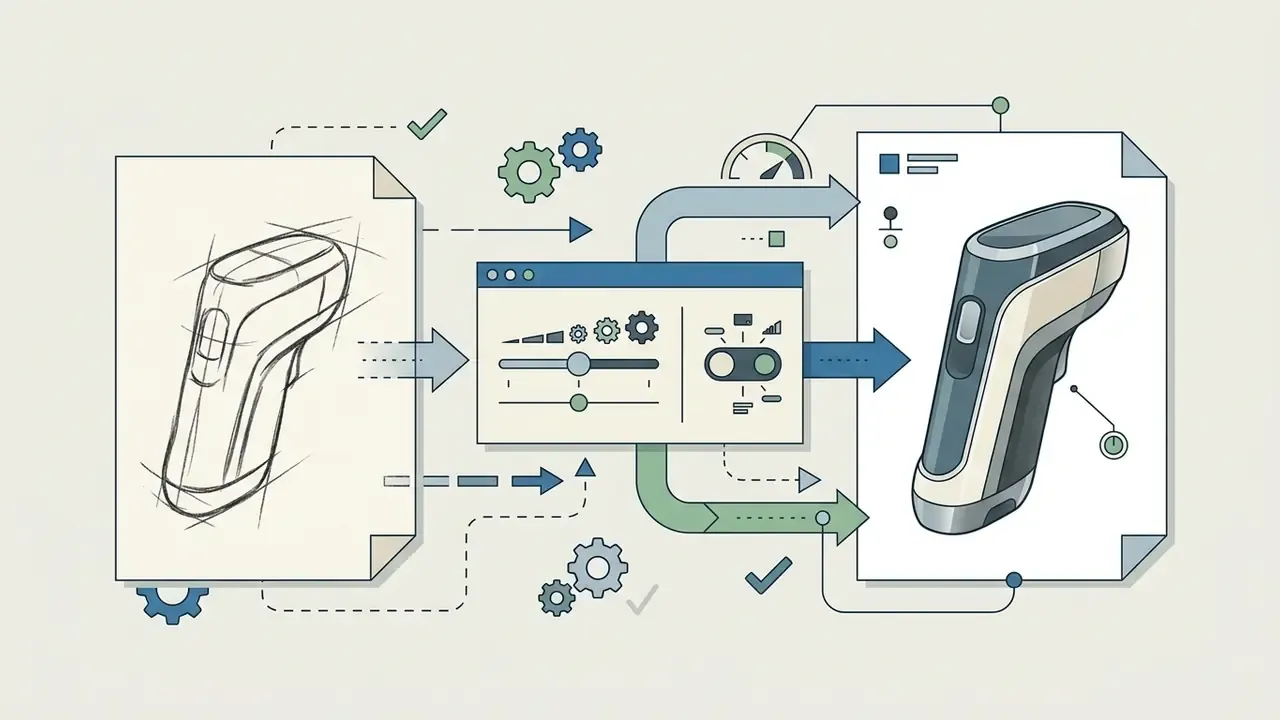 Hand sketch of a product being processed by an AI settings panel into a rendered industrial design