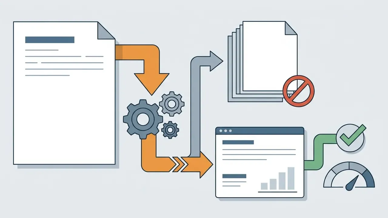 Document flowing through gears to a rejected stack or a validated web page with a checkmark and gauge