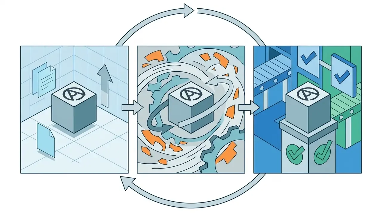 Three panels showing a cube with a logo being processed through design, transformation, and validation
