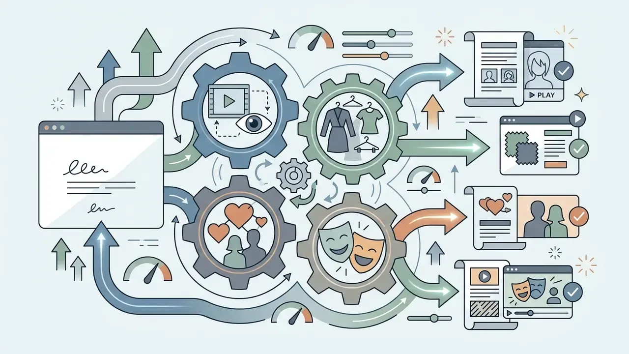 Interconnected gears processing various media templates into stylized video outputs for social trends