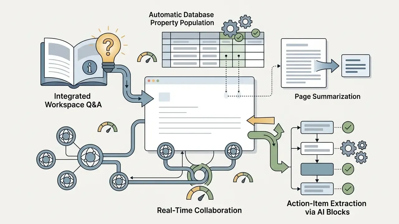 Knowledge base and collaboration tools feed into a central hub that automates data and action tasks