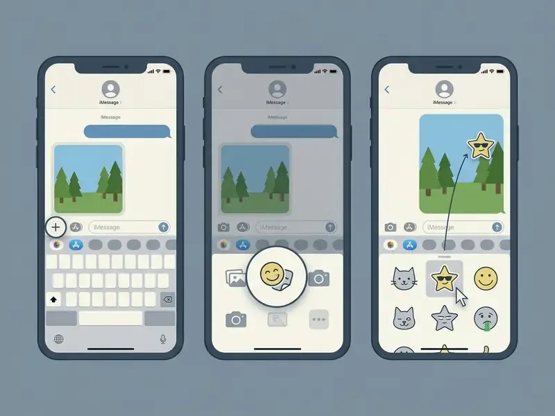 Three smartphone screens showing how to drag a sticker from the drawer onto a photo in a Messages chat