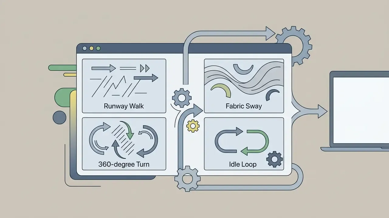 Four-panel interface showing motion trajectory options for runway walk, fabric sway, turn, and idle loop