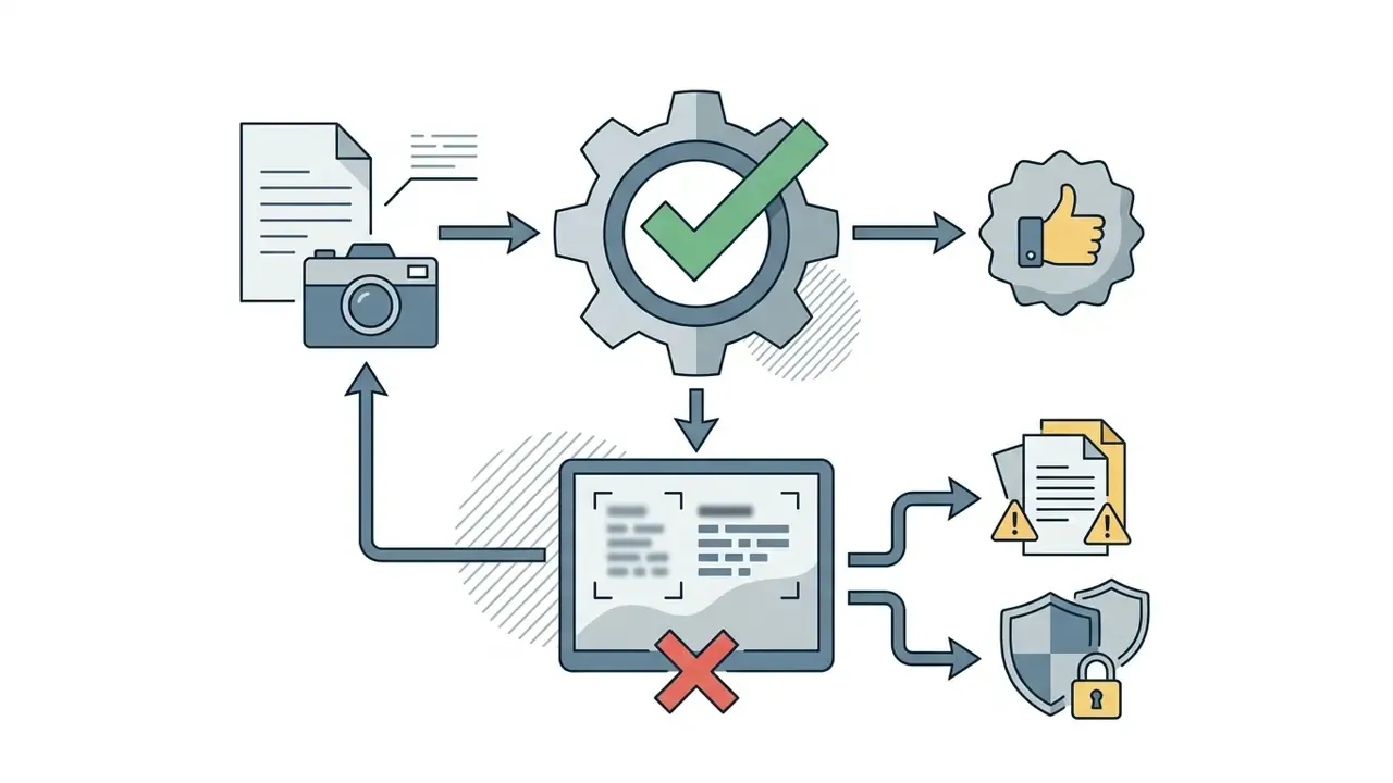 Camera capturing a document and processing it through a gear mechanism to flag risks and secure data