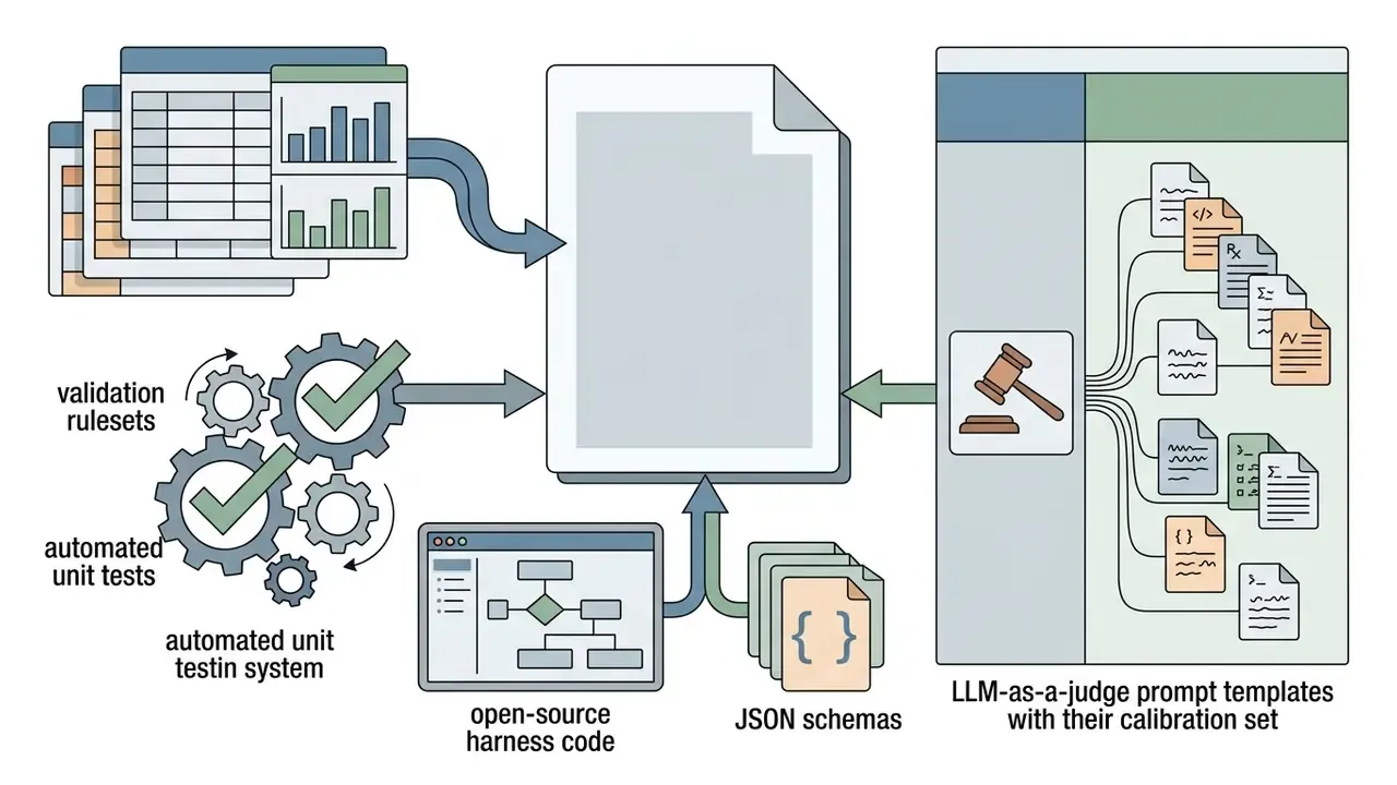 Data tables, validation gears, harness code, and JSON schemas feeding into a judge-based evaluation process