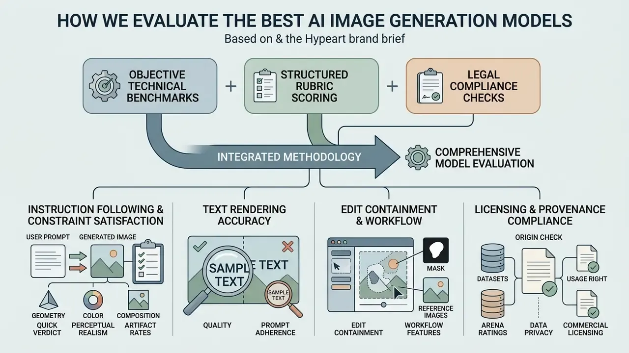 Infographic showing a hybrid framework for evaluating AI image models through technical and legal metrics