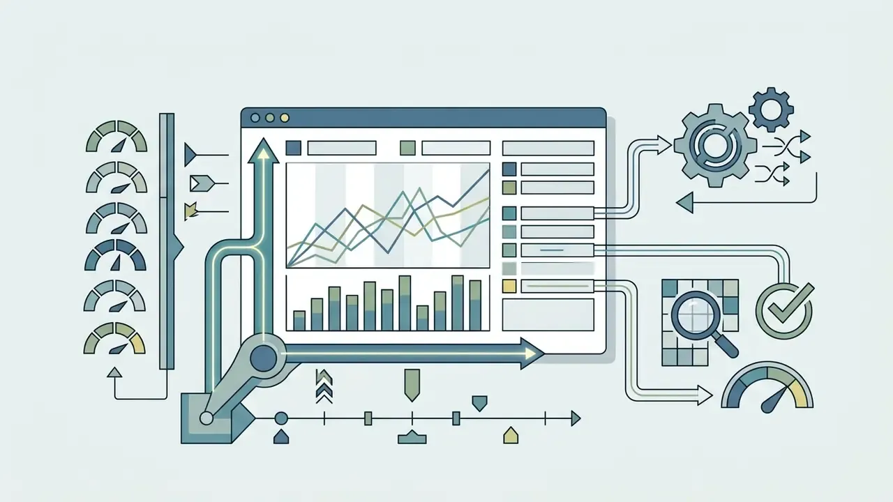 Dashboard interface with line and bar charts connected to mechanical gears and data analysis icons