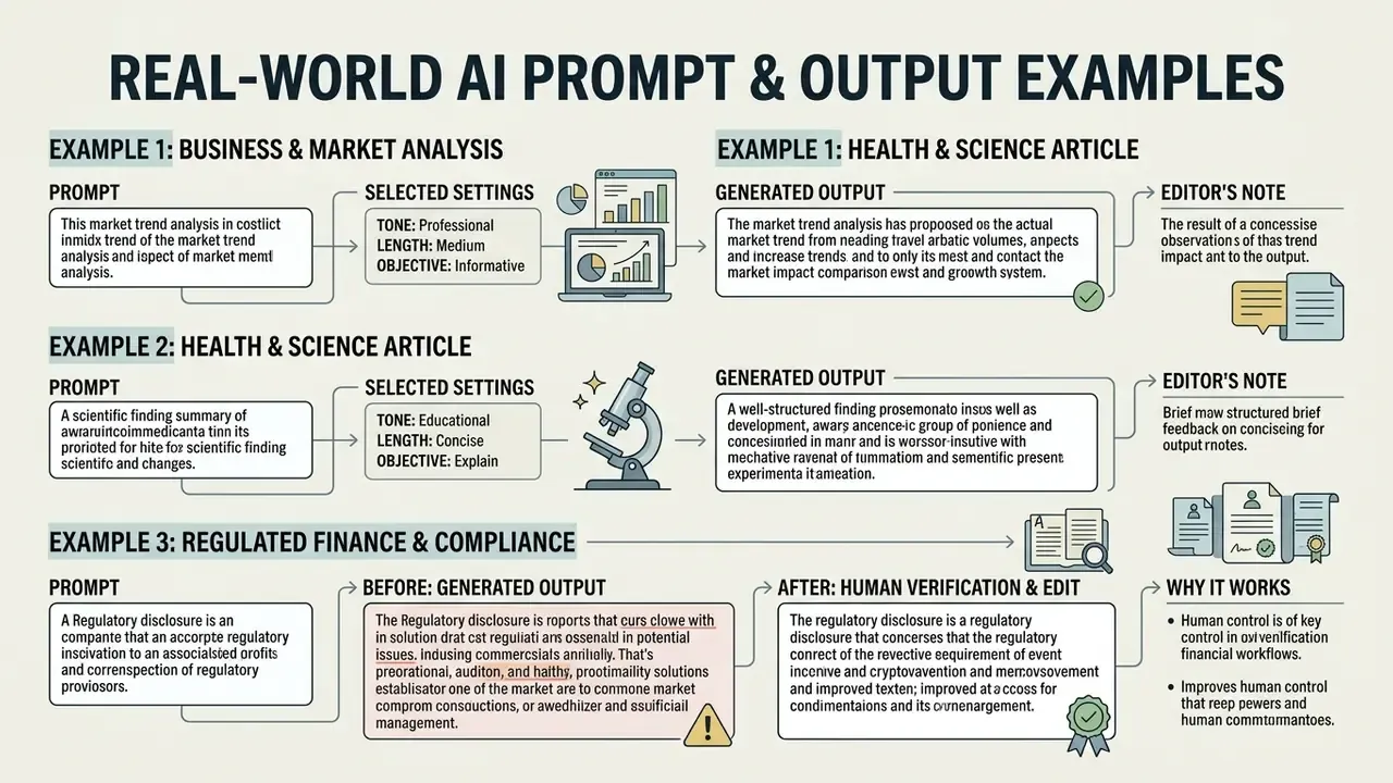 Infographic comparing AI prompt inputs, selected settings, and generated outputs across three scenarios