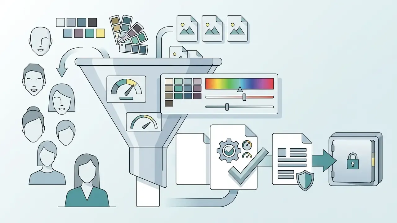 Funnel system processing portrait icons and color palettes into verified data files stored in a secure vault