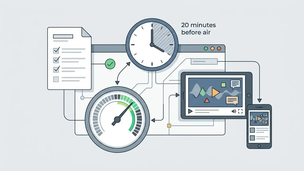 Checklist, clock, speedometer, and media player screens showing broadcast preparation and testing