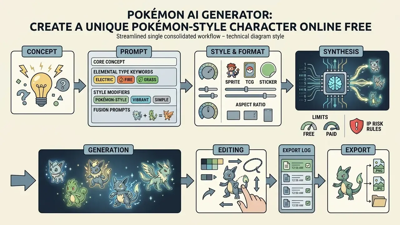 Step-by-step workflow infographic detailing the process of using a Pokémon AI generator to create characters