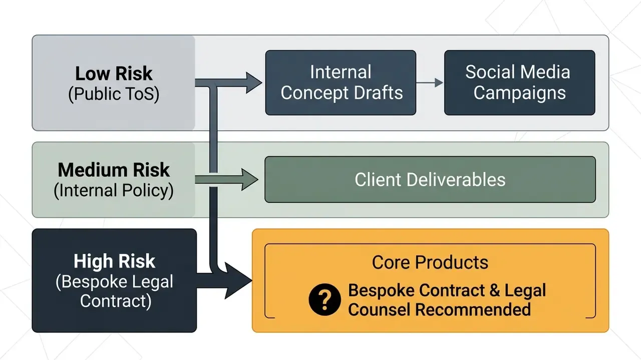 Risk assessment tiers mapping project types from internal drafts to core products requiring legal counsel