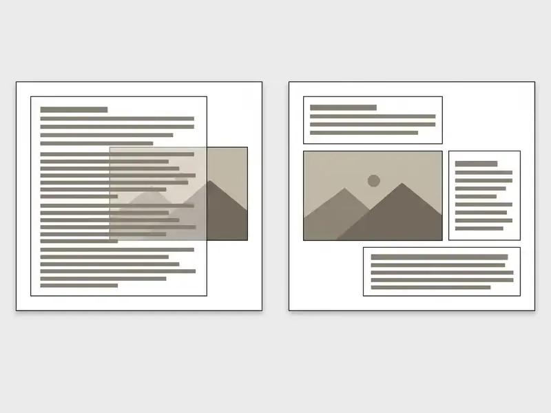 Comparison of a single overlapping text box versus three separate text boxes aligned around an image