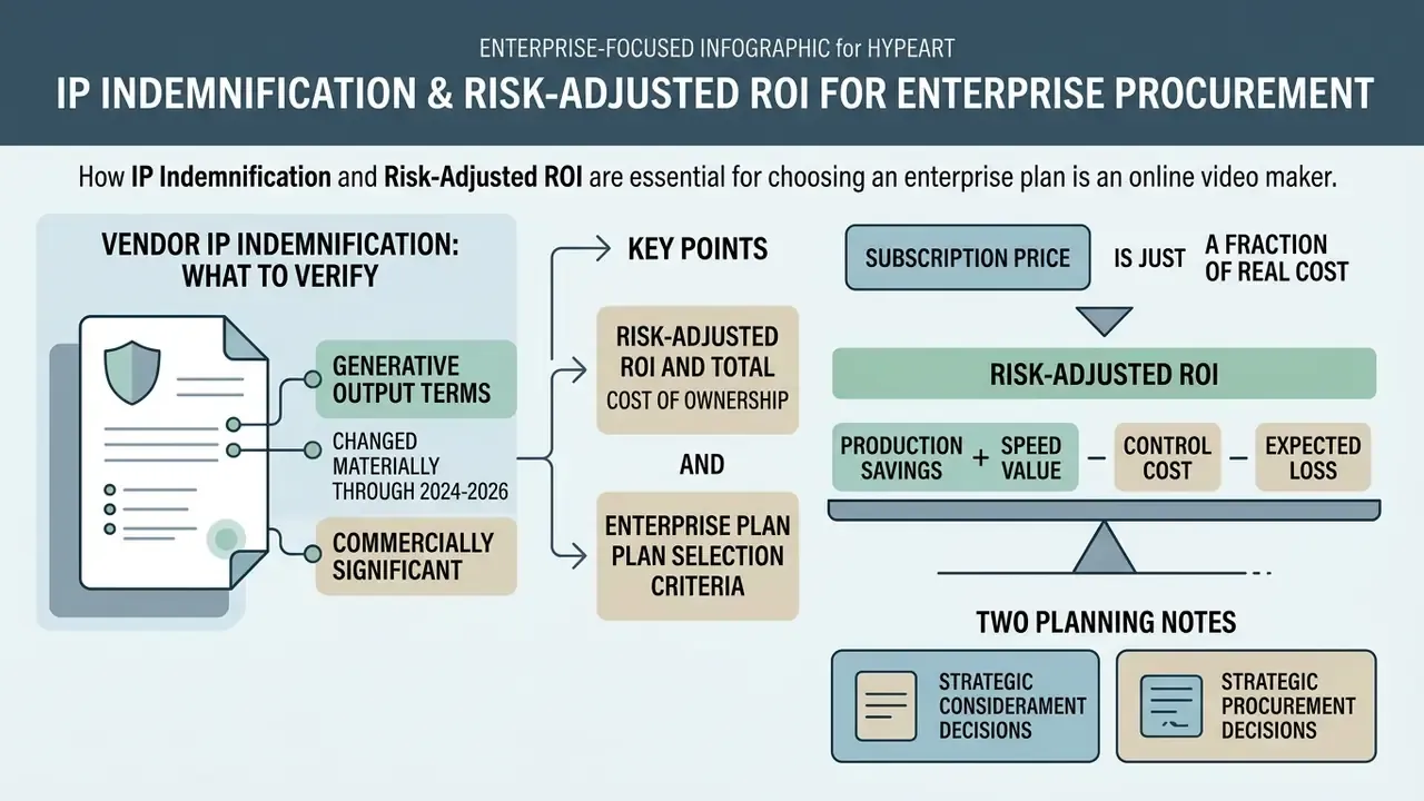 Visual breakdown of vendor IP indemnification terms and a formula for calculating risk-adjusted ROI