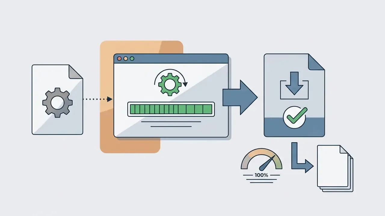 Processing window with a progress bar transitioning into a completed file download and speed gauge