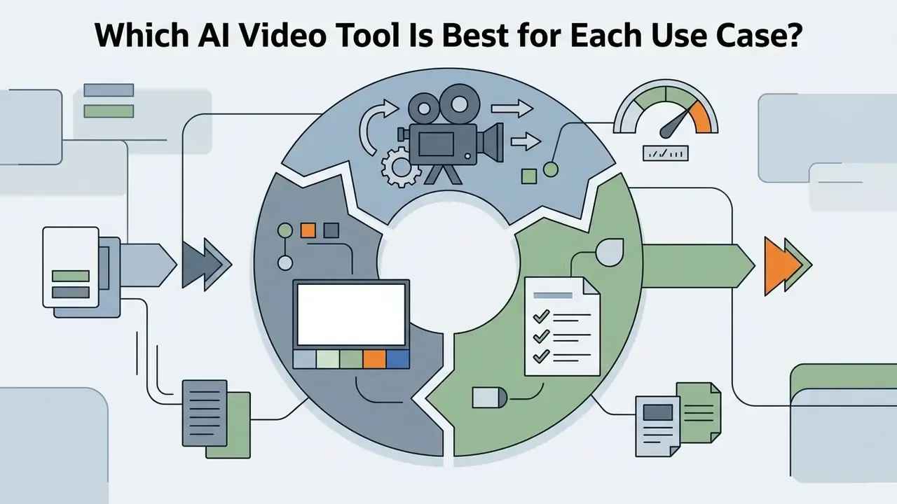 Circular process graphic showing camera, screen, and checklist icons for evaluating AI video tools