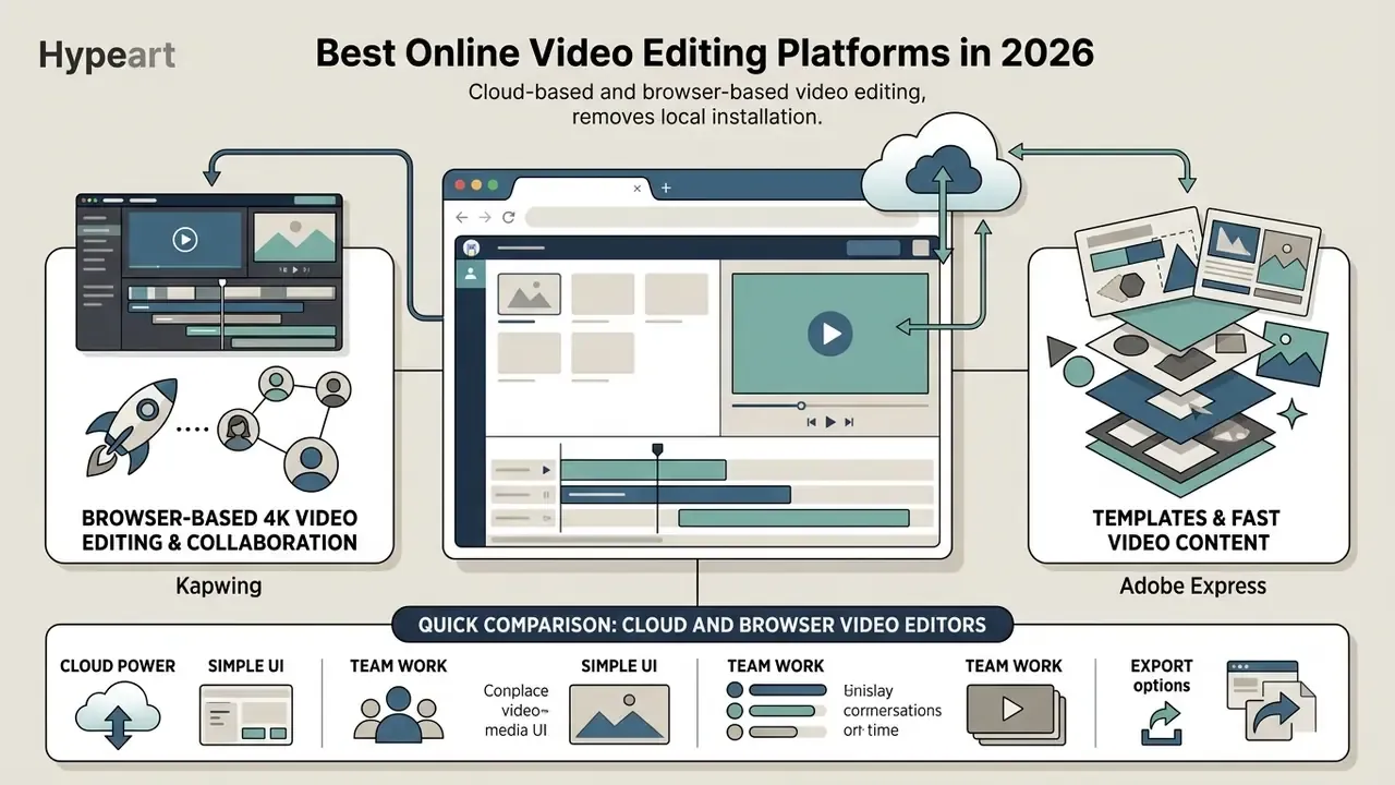 Comparison of browser-based video editing platforms showing cloud workflows for Kapwing and Adobe Express