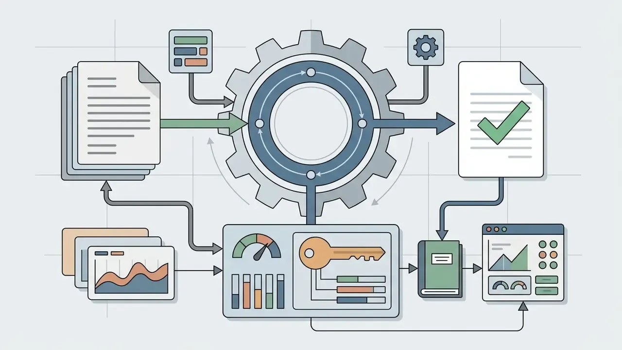 Documents and data logs feeding into a mechanical gear system with a key and reporting dashboard