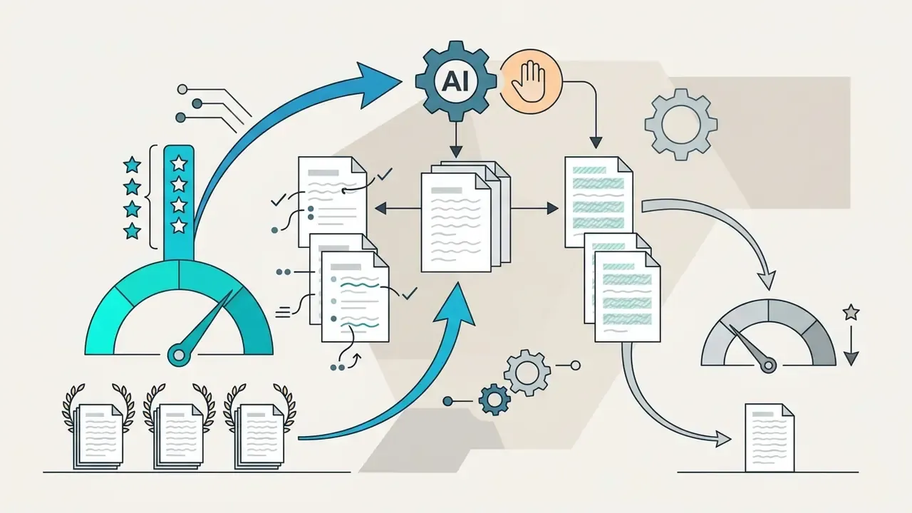 Visual representation of AI content processing with human oversight and performance metrics