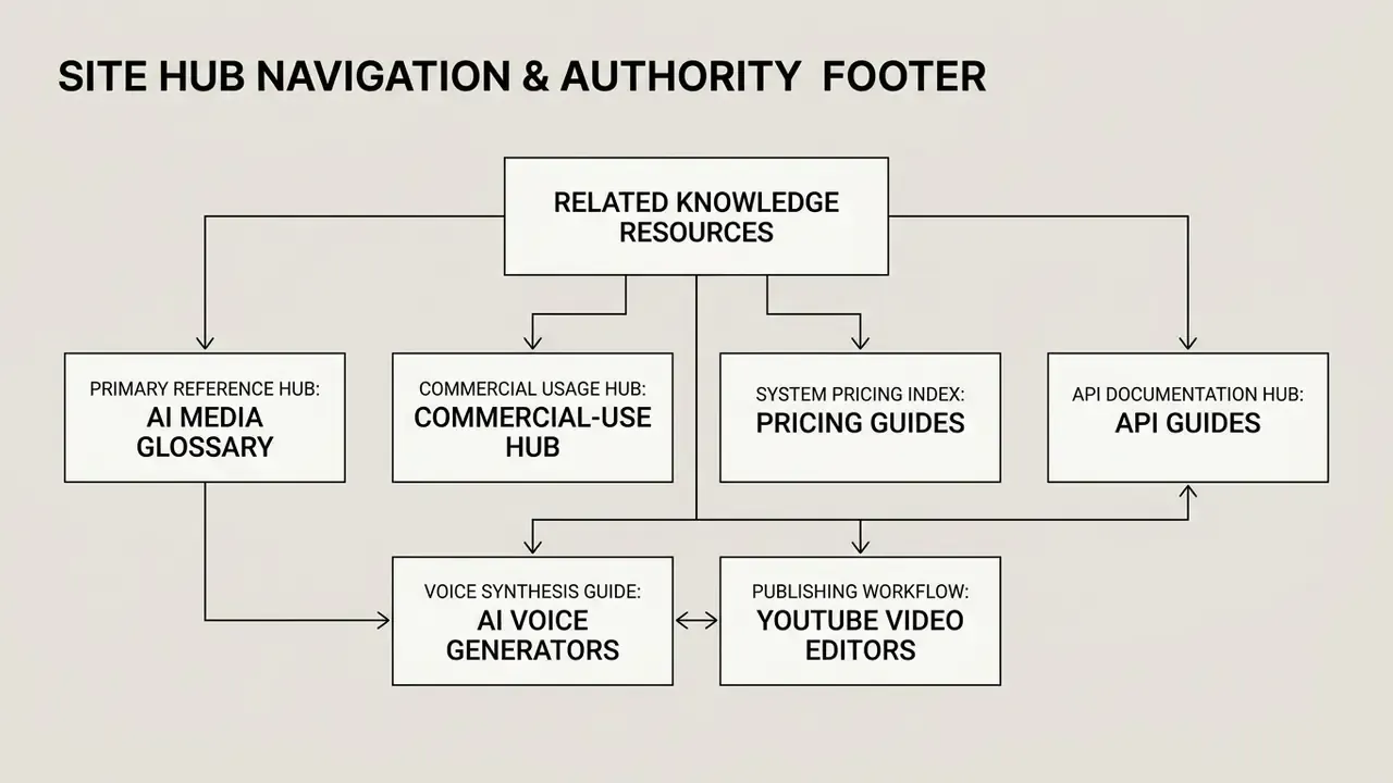 Hierarchical map of knowledge resources linking glossary, commercial, pricing, and API documentation hubs