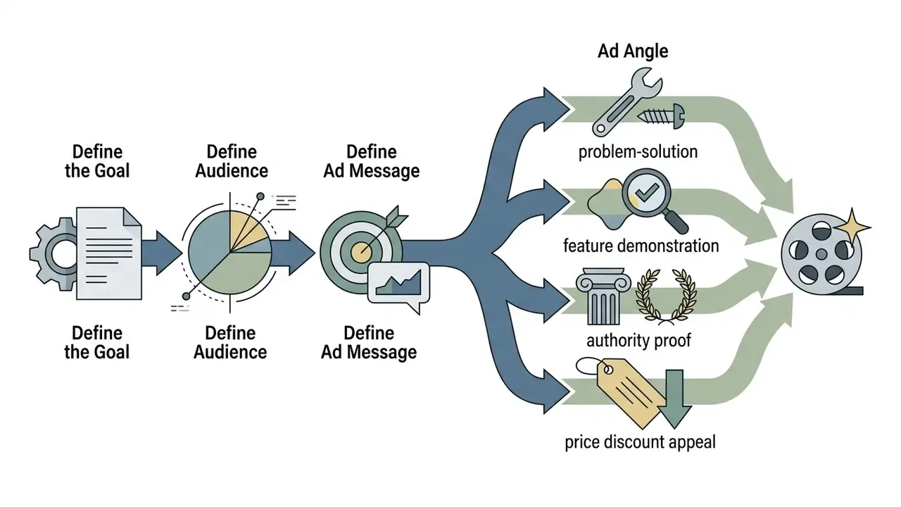 Flowchart showing strategy steps leading to four distinct advertising angles for video production