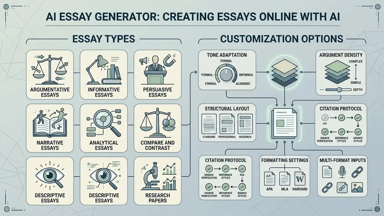 Visual guide comparing various writing styles with controls for tone, structure, and citation formatting