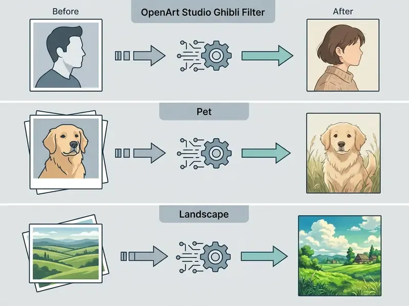 Comparison of original photos and their transformation into anime style using the OpenArt Studio Ghibli Filter