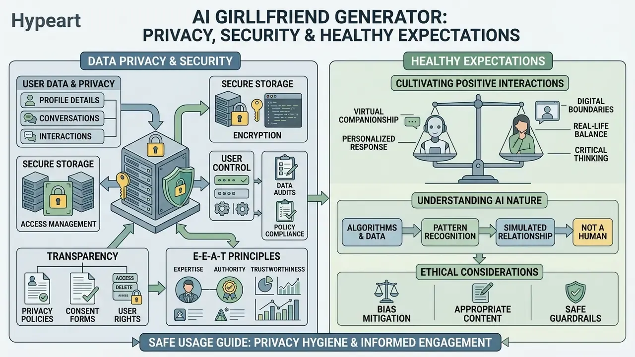 Infographic mapping data security protocols and healthy usage guidelines for virtual companion software