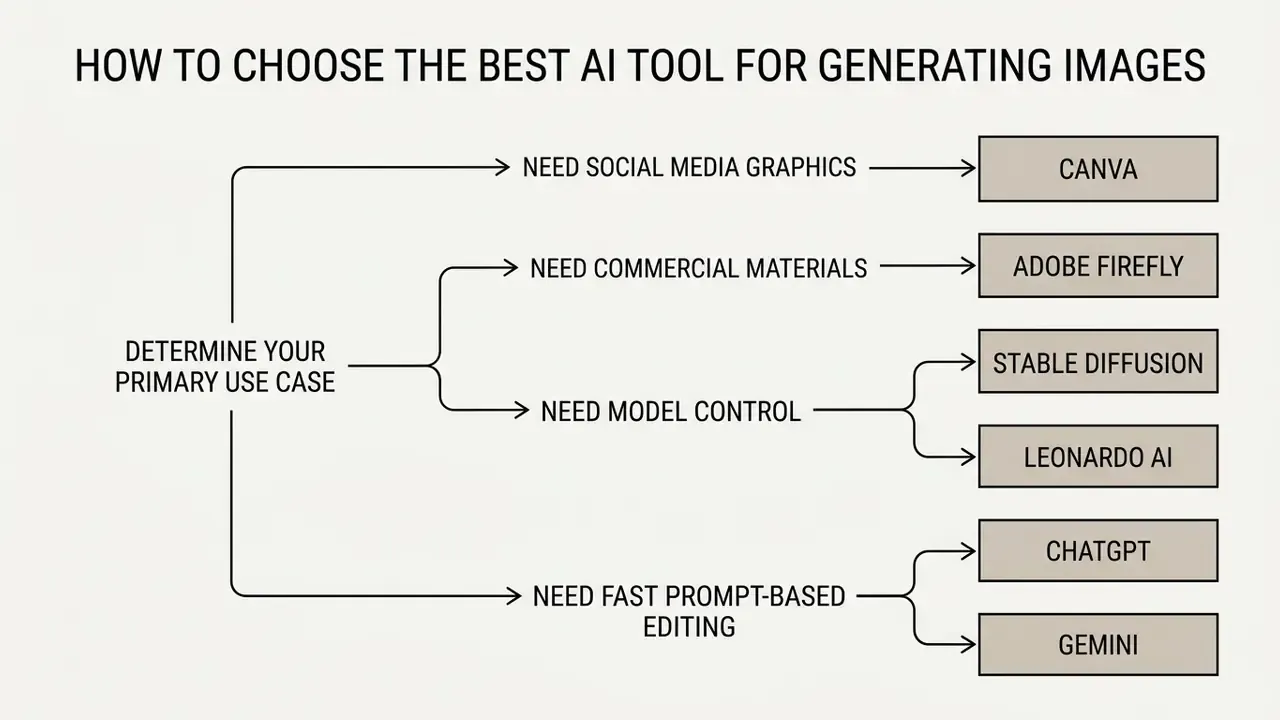 Branching logic mapping specific user needs to recommended free AI image generator tools