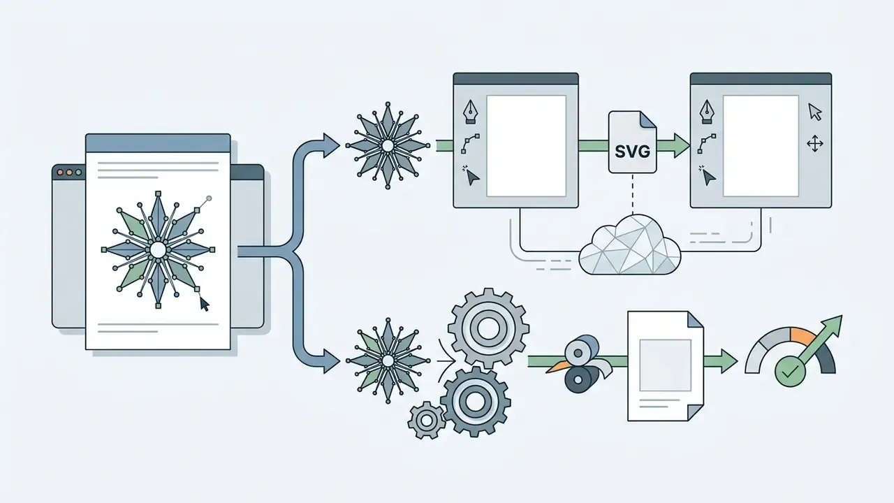 Diagram showing vector design workflows from initial graphic to SVG editing or physical print production