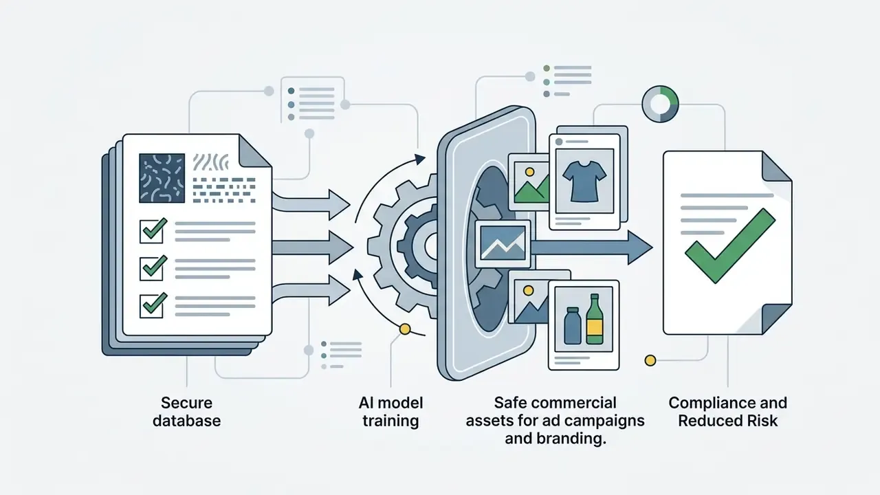 Process flow from a licensed database through AI model training to compliant commercial image assets