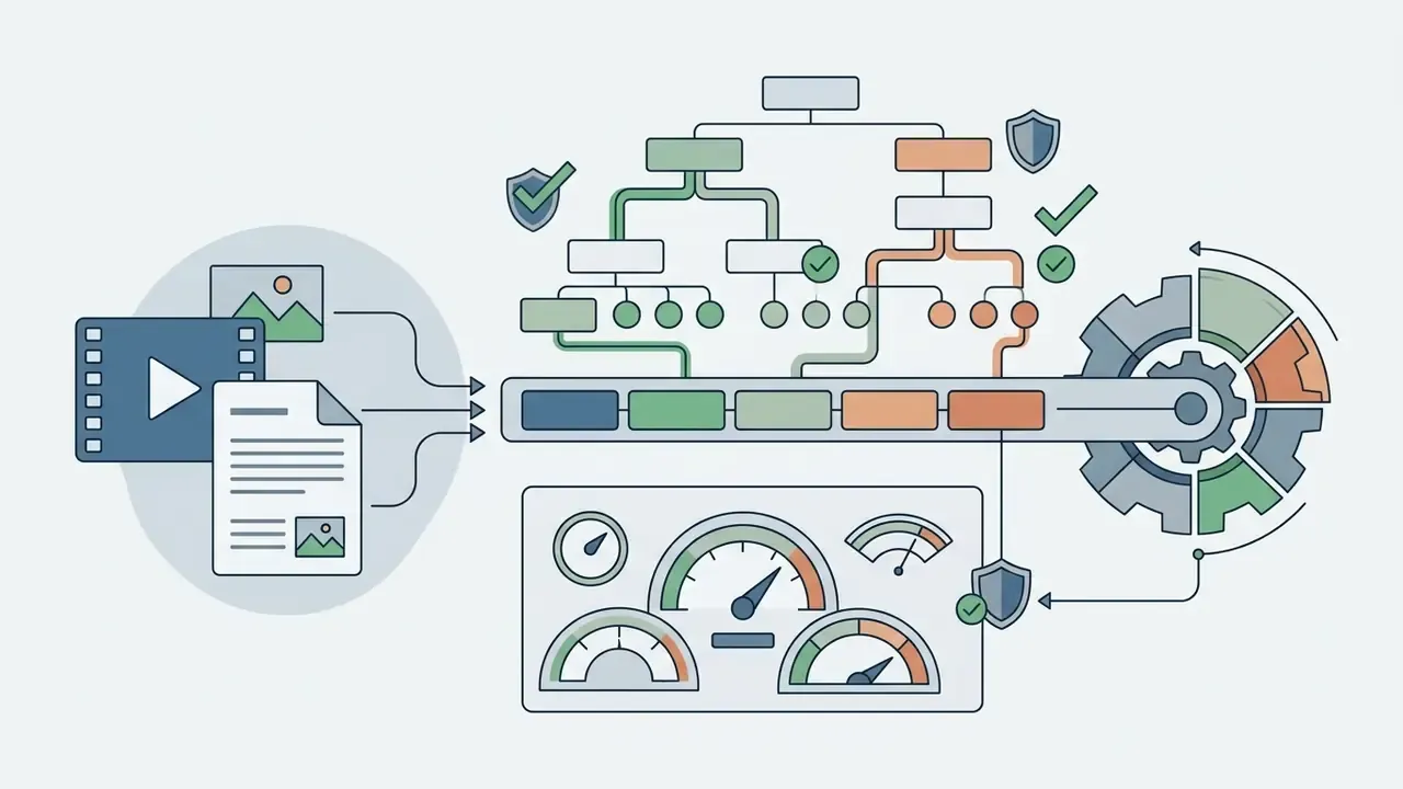 Input icons feeding into a hierarchical classification tree connected to a gear assembly and gauges