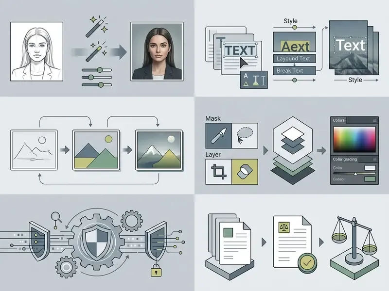 Six panels illustrating AI image generation processes including style editing, layering, and compliance
