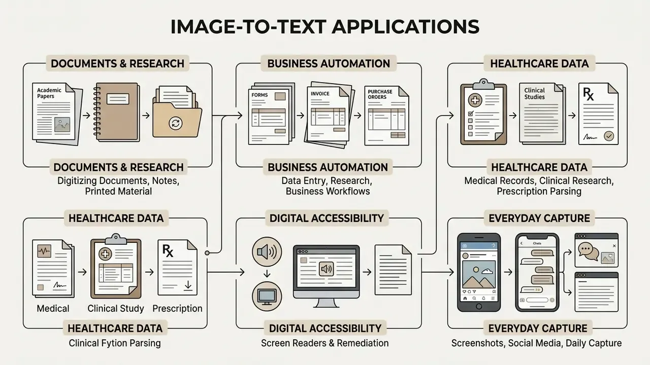 Diagram showing various use cases for an image to text converter in professional and academic settings