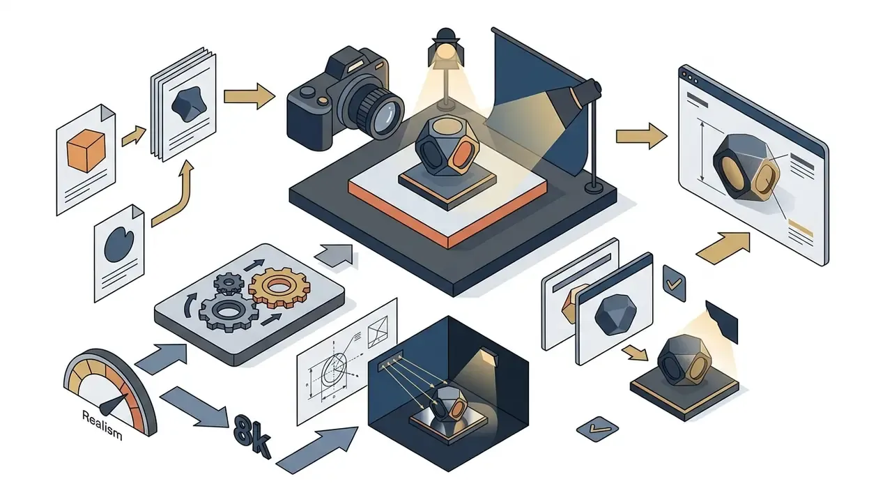 Isometric view of 3D object rendering process with lighting, camera, and digital design software tools