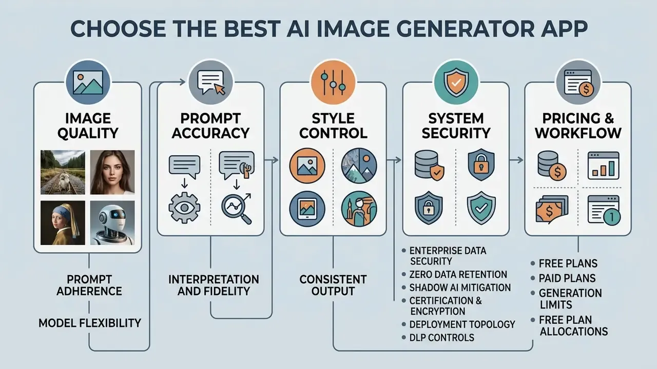 Five sequential steps for evaluating software including image quality, prompt accuracy, and system security