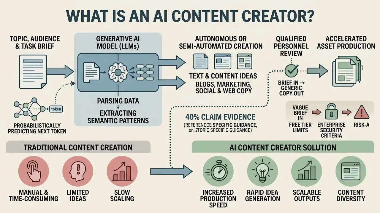 Flowchart comparing traditional manual content creation with an automated AI content creator workflow