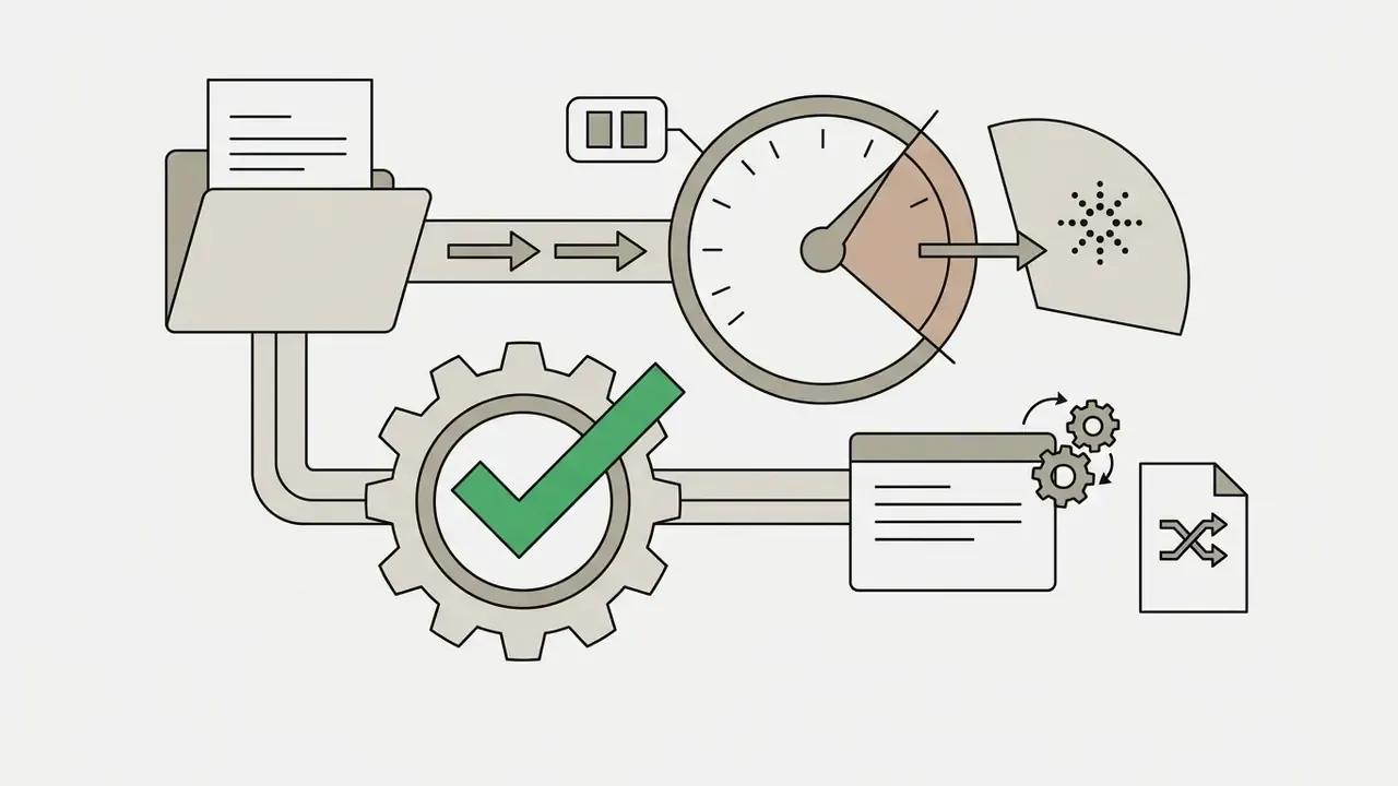 Folder with documents feeding into a gauge and a gear mechanism with a checkmark to process data