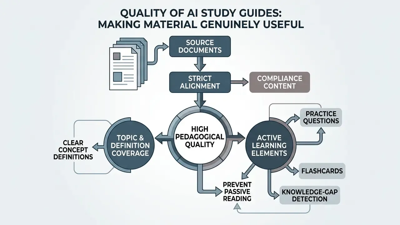 Conceptual map linking source documents to pedagogical quality through active learning and topic coverage