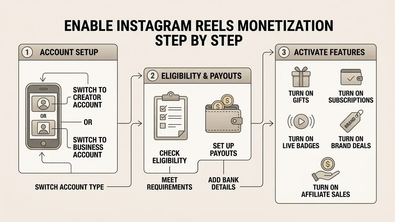 Three-step process diagram showing how to set up accounts, check eligibility, and activate revenue tools