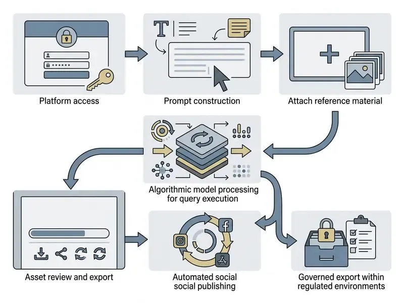Diagram showing the sequential steps to generate videos with Perplexity AI from login to final export