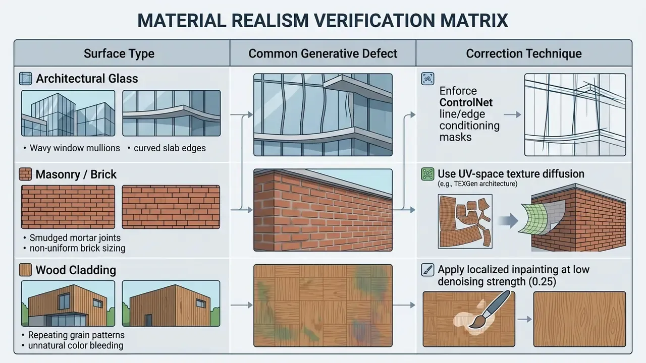 Table mapping architectural surface types to common generative defects and their correction techniques