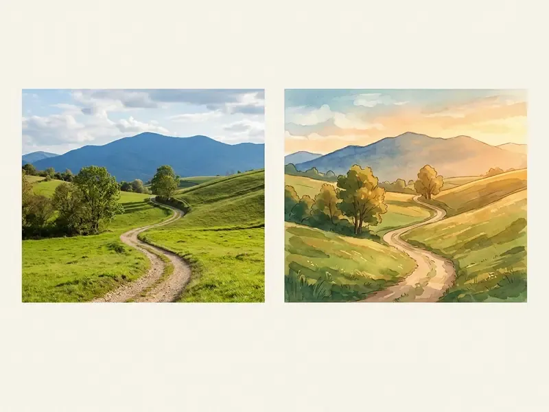 Side by side comparison of a real landscape photo and its stylized Ghibli style watercolor transformation