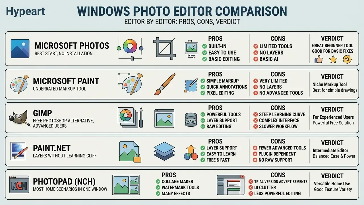 Comparison table listing pros, cons, and verdicts for five popular Windows photo editor applications