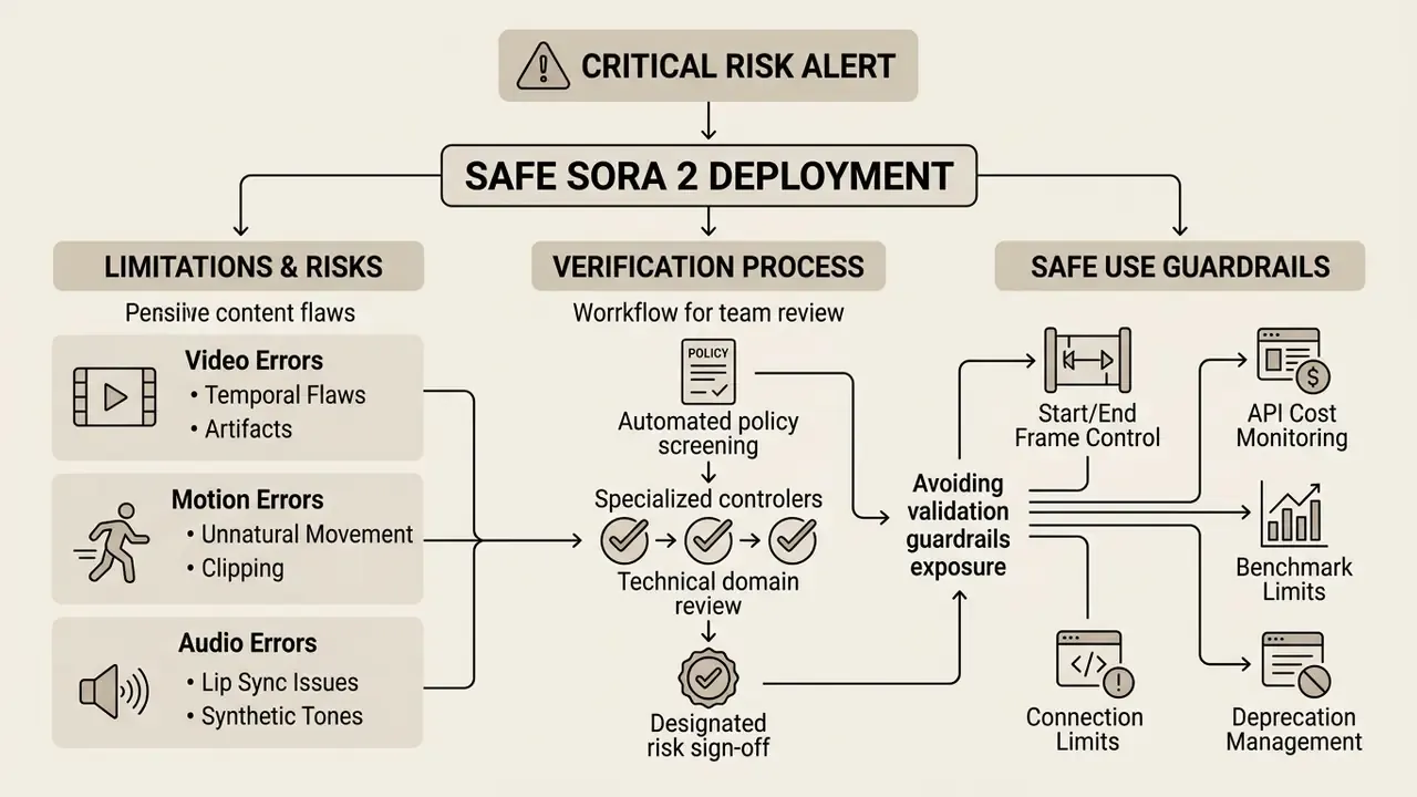 Diagram detailing Sora 2 risk management, verification workflows, and operational safety guardrails