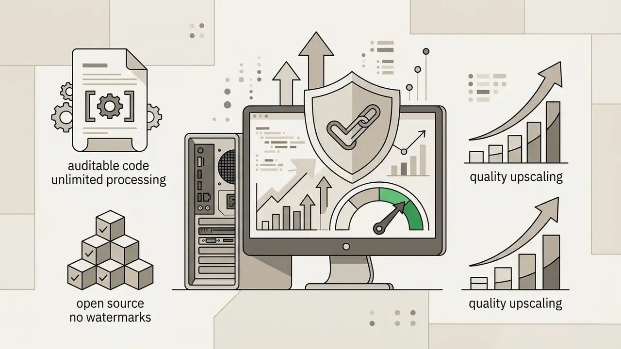 Desktop computer with a shield icon and performance charts representing open source AI video upscaling